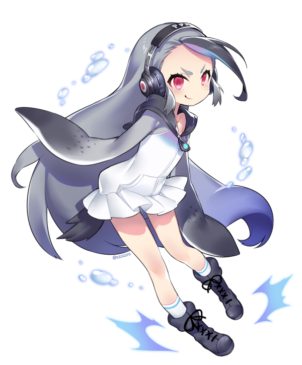 1girl, black_hair, black_shoes, character_request, full_body, headphones, hood, hoodie