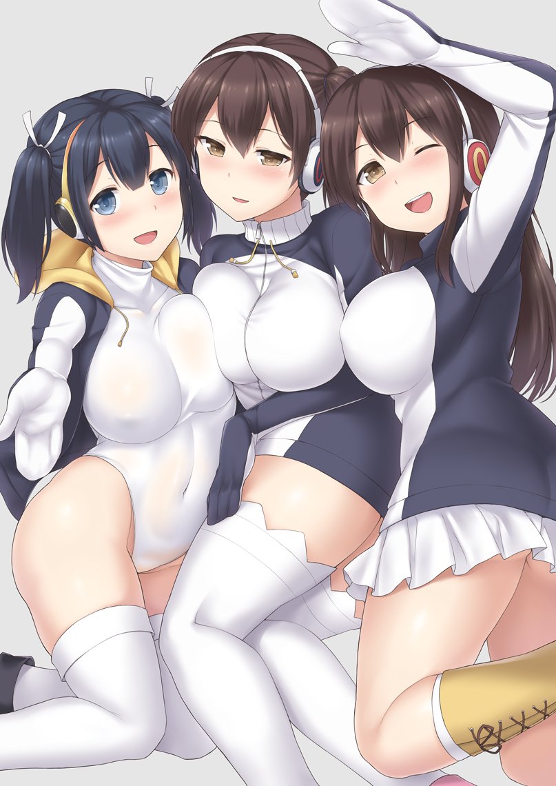 3girls, akagi_(kantai_collection), arm_above_head, ass, blue_eyes, blue_hair, blush, boots, breasts, brown_eyes, brown_hair, cosplay, covered_navel, elbow_gloves, emperor_penguin_(kemono_friends), emperor_penguin_(kemono_friends)_(cosplay), erect_nipples, gentoo_penguin_(kemono_friends), gentoo_penguin_(kemono_friends)_cosplay, gloves, grey_background, hair_between_eyes, headwear, hood, hoodie, kaga_(kantai_collection), kantai_collection, kemono_friends, large_breasts, leotard, long_hair, looking_at_viewer, multiple_girls, one_eye_closed, open_mouth, parted_lips, pleated_skirt, reaching_out, royal_penguin_(kemono_friends), royal_penguin_(kemono_friends)_cosplay, sama_samasa, side_ponytail, simple_background, skirt, souryuu_(kantai_collection), thigh-highs, thighs, twintails, white_legwear, white_skirt, yellow_boots