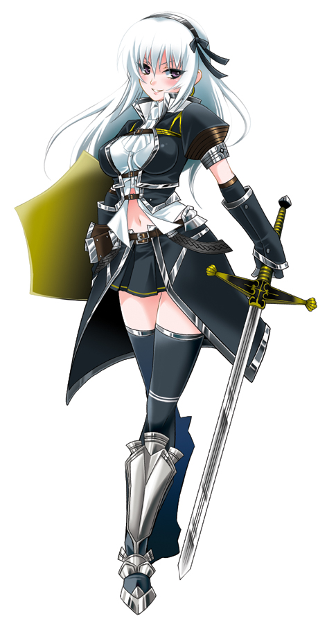 amami_yukino, armor, ascot, bangs, belt, black_gloves, black_legwear, blush