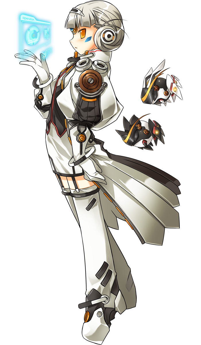 1girl, bracelet, code:_architecture_(elsword), elsword, from_side, garter_straps, gloves, highres, jewelry, official_art, orange_eyes, short_hair, silver_hair, solo, transparent_background, white_gloves