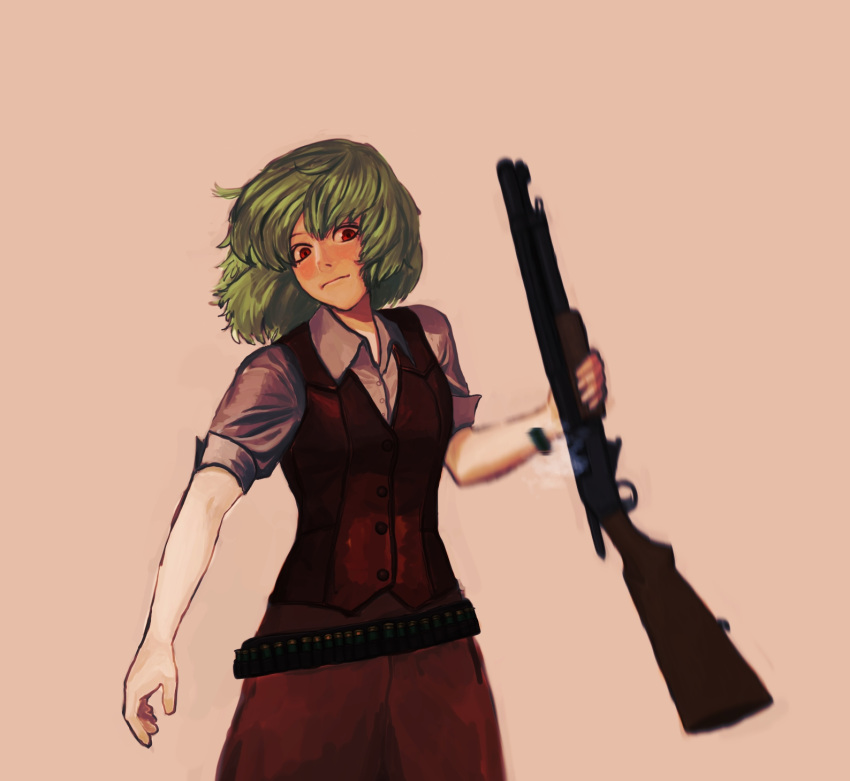 1girl, ammunition_belt, arm_at_side, belt, buttons, collared_shirt, cowboy_shot, expressionless
