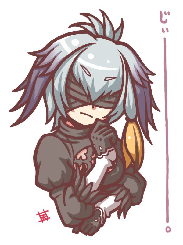 1girl, amayuki_esuka, black_dress, black_gloves, blindfold, cosplay, dress, gloves, grey_hair, head_wings, juliet_sleeves, kemono_friends, long_sleeves, nier_(series), nier_automata, puffy_sleeves, shoebill_(kemono_friends), short_hair, simple_background, solo, upper_body, white_background, yorha_no._2_type_b, yorha_no._2_type_b_(cosplay)