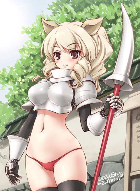 1girl, animal_ears, armor, belly, black_legwear, blonde_hair, blush, breastplate