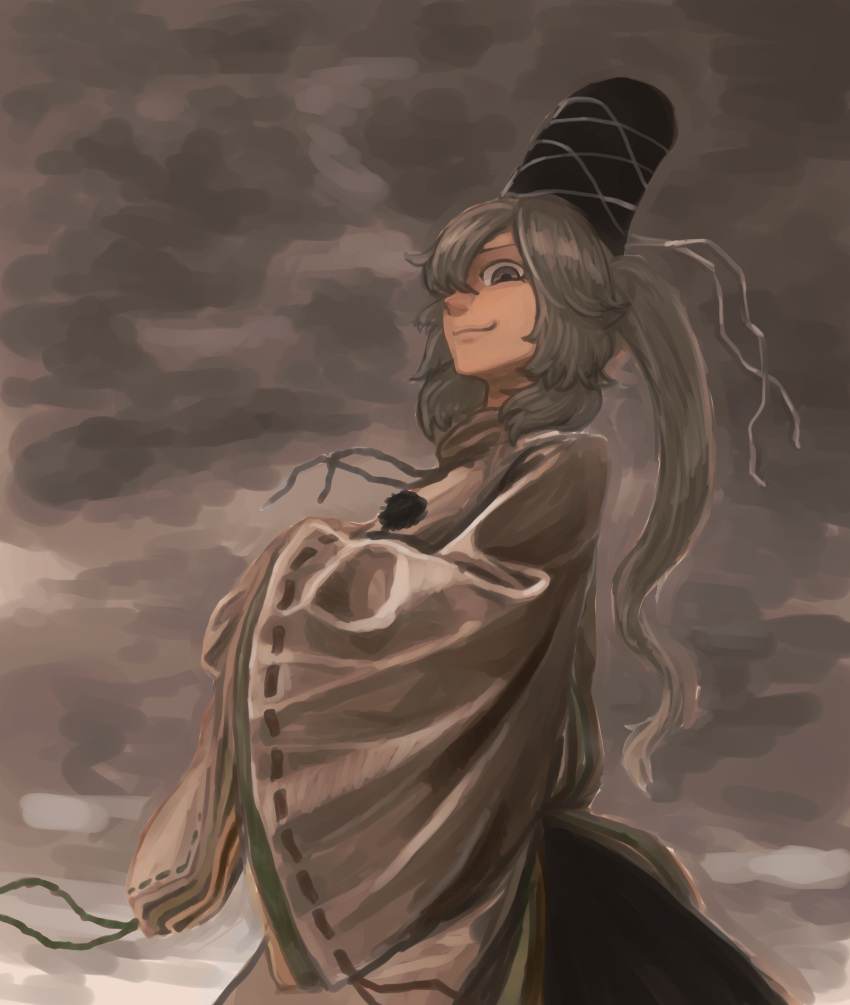 1girl, absurdres, clouds, cloudy_sky, cowboy_shot, from_side, grey_eyes, grey_sky