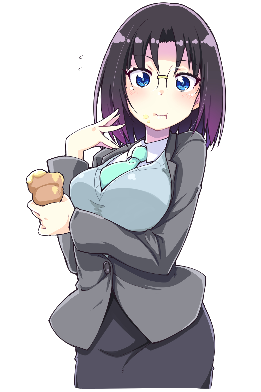 1girl, :t, bangs, black_hair, blazer, blue_sweater, blush, breasts
