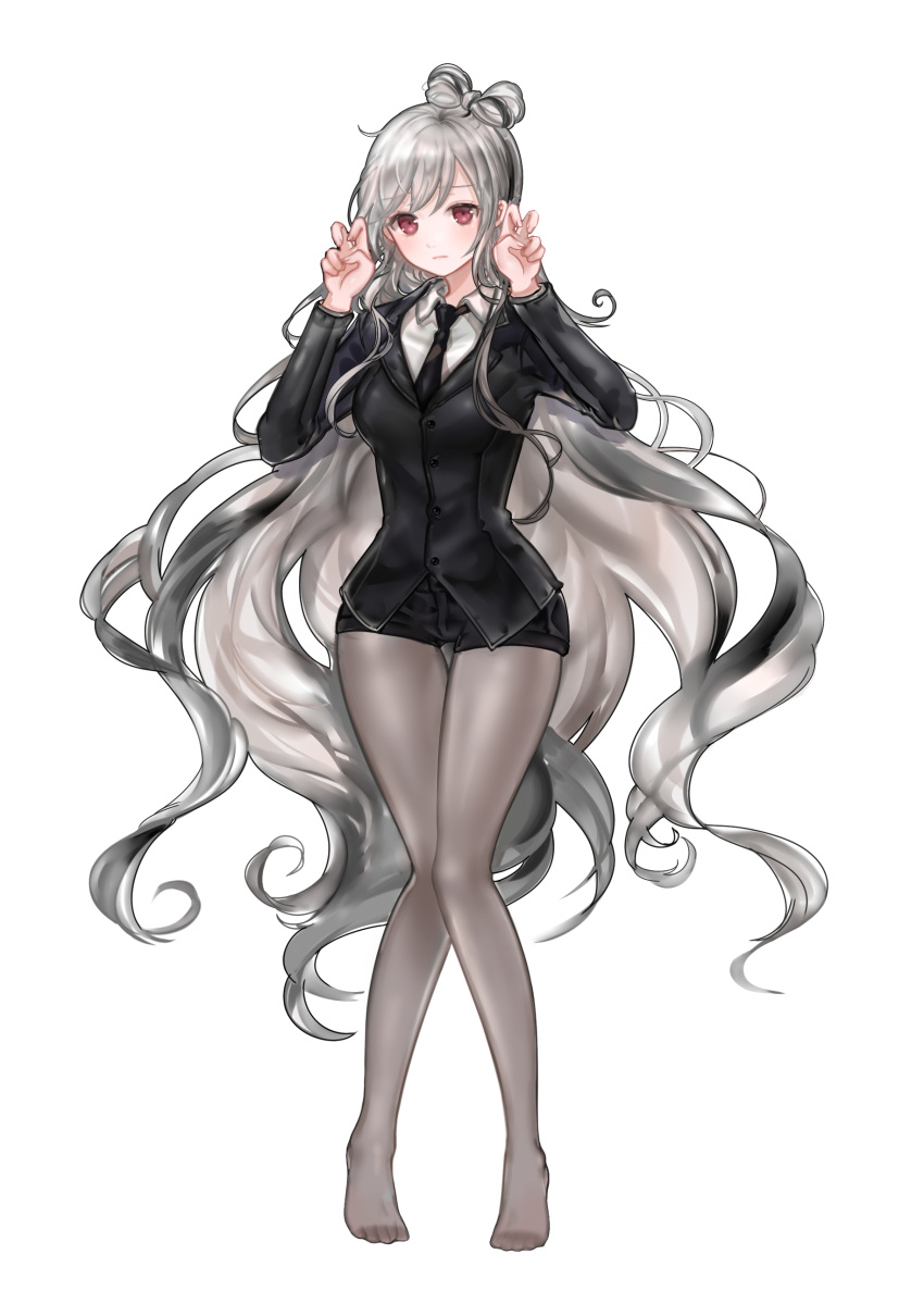 00s, 1girl, 96dgd, absurdres, air_quotes, black_legwear, black_necktie, black_shorts