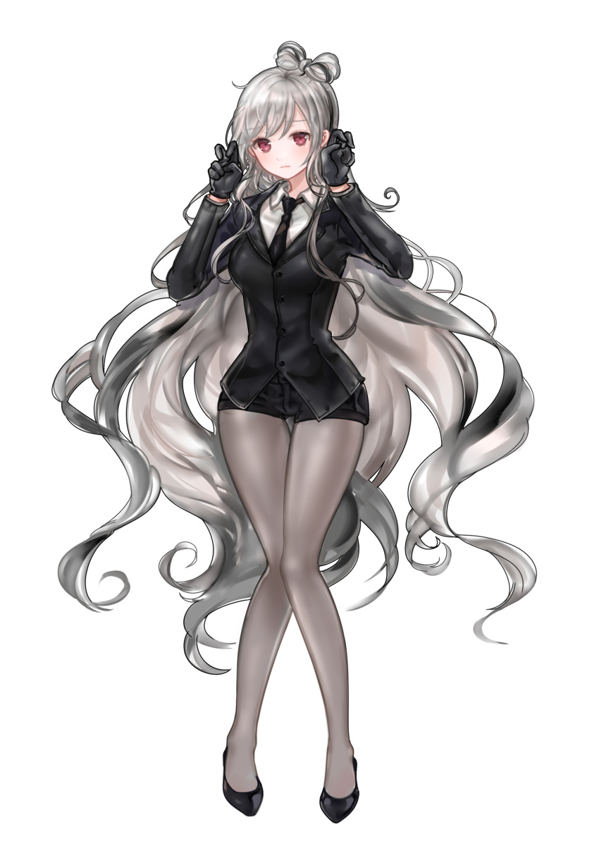 00s, 1girl, 96dgd, absurdres, air_quotes, black_gloves, black_legwear, black_necktie