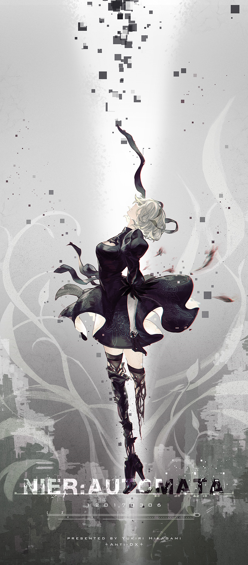 1girl, blindfold, high_heels, highres, hikagami_yukiri, nier_(series), nier_automata, silver_hair