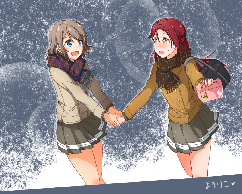 2girls, :d, :o, bag, blue_eyes, blush, book_bag, box