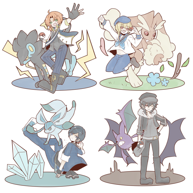 4boys, black_gloves, black_hair, black_jacket, blonde_hair, boots, crobat, crossover