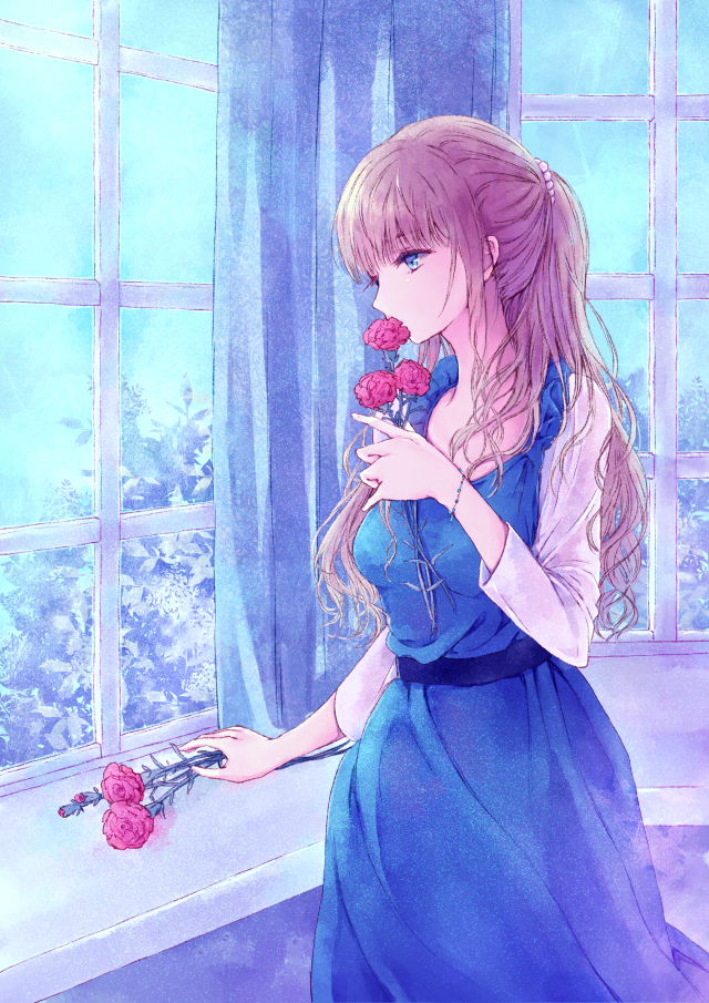 1girl, beads, belt, blonde_hair, blue_dress, blue_eyes, bracelet, breasts