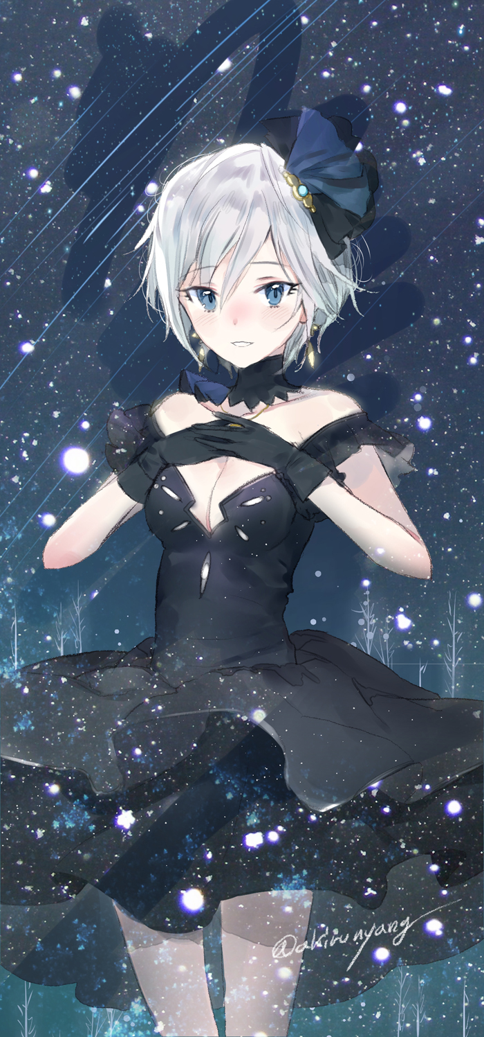 1girl, akiru_(igel-flutter), anastasia_(idolmaster), black_dress, black_gloves, blue_eyes, breasts, cleavage, commentary_request, dress, earrings, eyebrows_visible_through_hair, gloves, hair_between_eyes, hair_ornament, highres, idolmaster, idolmaster_cinderella_girls, jewelry, looking_at_viewer, medium_breasts, off-shoulder_dress, off_shoulder, project_krone, short_hair, silver_hair, smile, solo, twitter_username