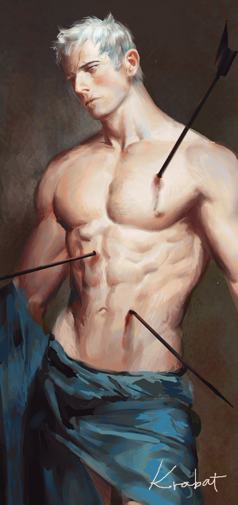 1boy, arrow, krabat, male_focus, nude, overwatch, scar, short_hair