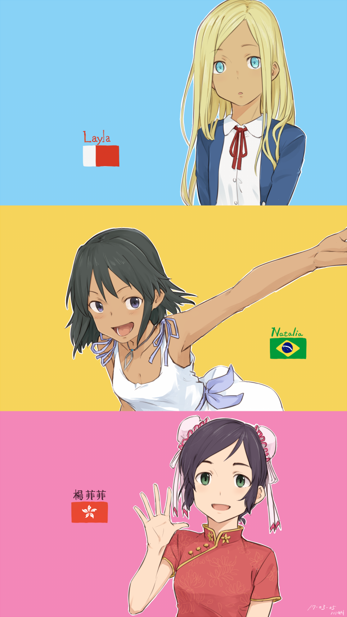 >:d, 3girls, :d, artist_name, bangs, black_hair, brazilian_flag, character_name