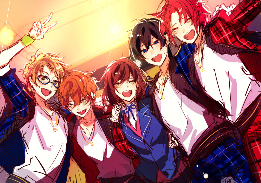1girl, 4boys, ahoge, akehoshi_subaru, anzu_(ensemble_stars!), black_hair, blonde_hair, brown_hair
