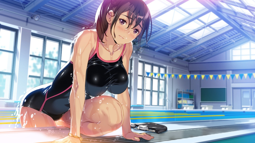 1girl, arm_support, blush, breasts, brown_hair, competition_swimsuit, dripping, goggles, goggles_removed, hamashima_shigeo, indoors, kazama_natsuki, large_breasts, looking_at_viewer, one-piece_swimsuit, pool, shinsou_noise:_jushin_tantei_no_jikenbo, short_hair, solo, swimsuit, violet_eyes, wet