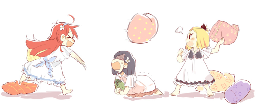 >_<, 3girls, :d, =3, ahoge, antenna_hair, bangs_pinned_back, barefoot, blonde_hair, blue_hair, blush, closed_eyes, flip_flappers, floral_print, frills, hair_ornament, hairclip, holding, holding_pillow, keiya, kokomine_cocona, long_hair, multiple_girls, nightgown, open_mouth, orange_hair, papika_(flip_flappers), pillow, pillow_fight, print_pillow, profile, rabbit, scared, shaded_face, short_hair, short_sleeves, simple_background, smile, throwing, trembling, uexkull, white_background, xd, yayaka, |_|