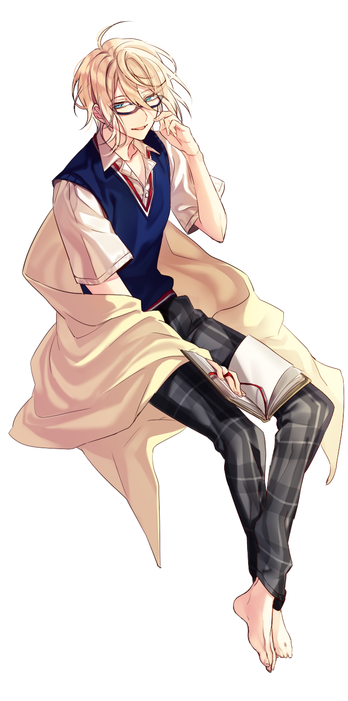 1boy, barefoot, bespectacled, blanket, blonde_hair, blue_eyes, ensemble_stars!, glasses