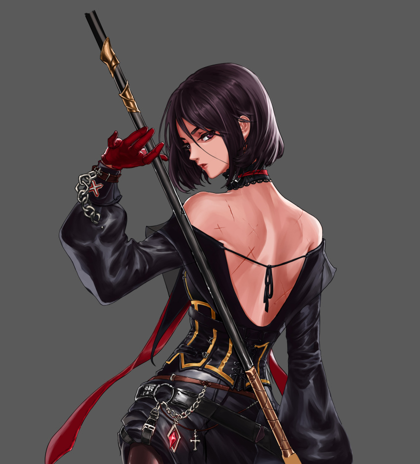 00s, 1girl, bare_shoulders, black_hair, chains, choker, cross, dress