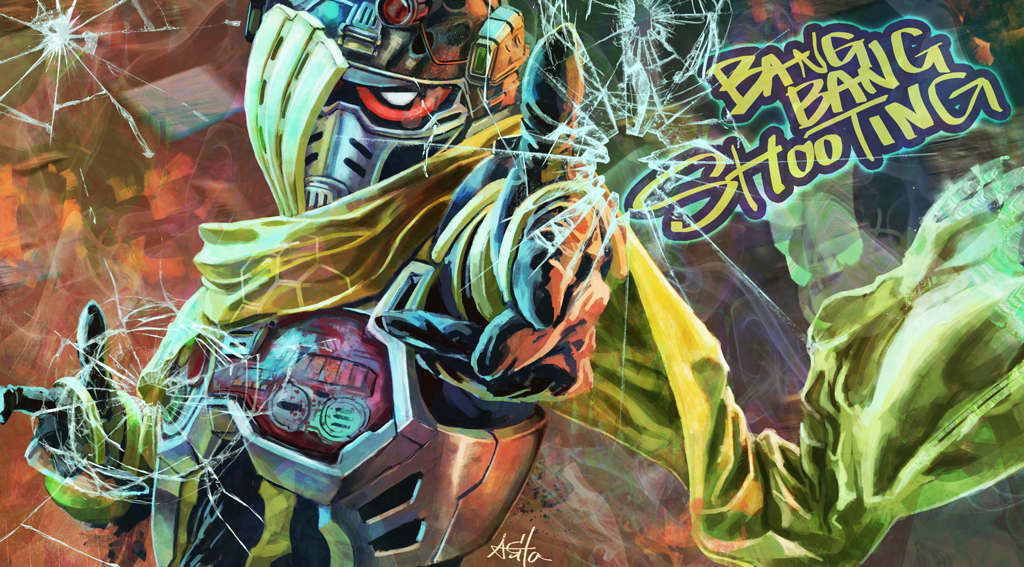 bullet_hole, cracked_glass, finger_gun, graffiti, kamen_rider, kamen_rider_ex-aid_(series), kamen_rider_snipe, scarf