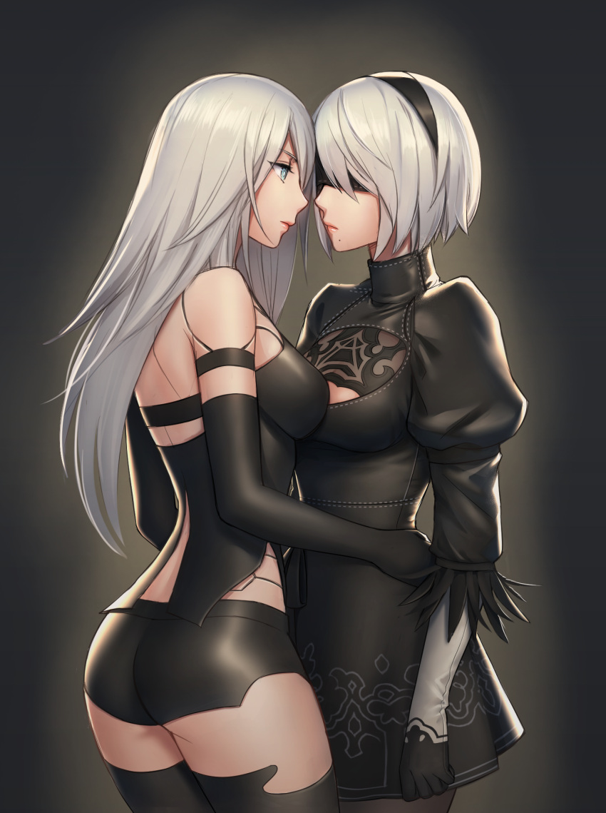 2girls, android, arm_at_side, armlet, ass, bangs, bare_shoulders, black_dress