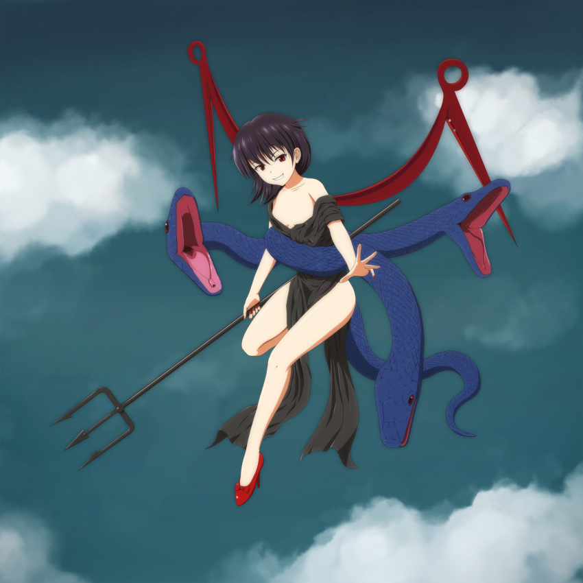 alternate_costume, alternate_wings, anime_coloring, asymmetrical_hair, asymmetrical_wings, black_dress, black_hair, clouds