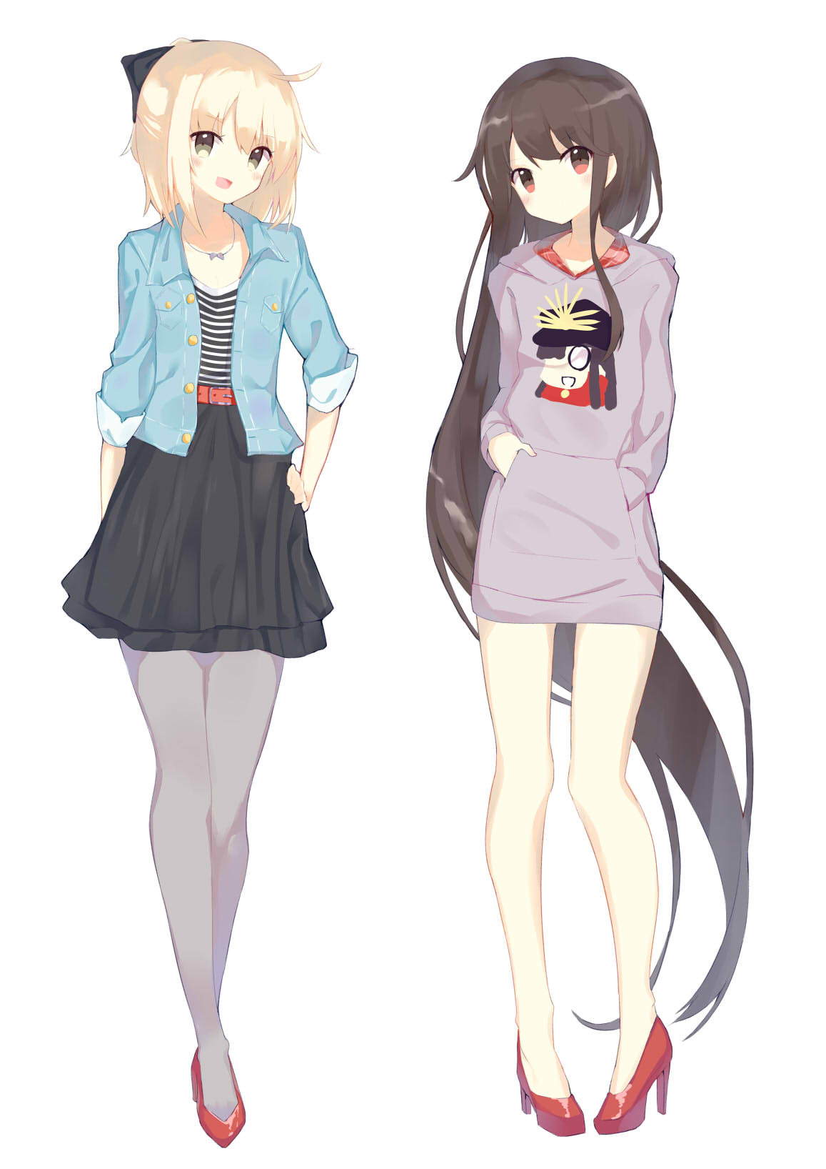 2girls, :d, ahoge, alternate_costume, belt, black_hair, black_skirt, blonde_hair
