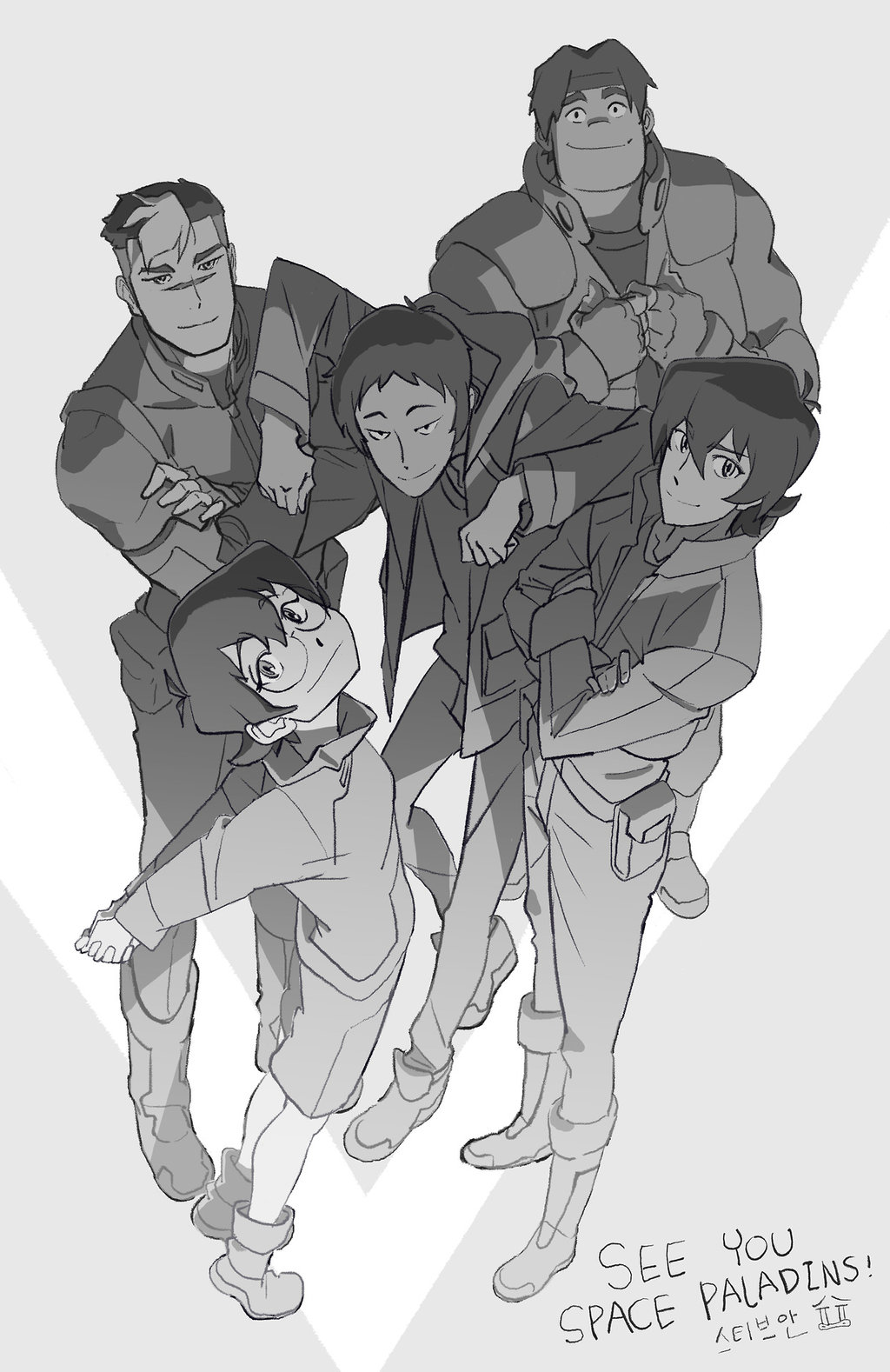 1girl, 4boys, arms_behind_back, glasses, grey_hair, highres, hunk_(voltron), hyakujuu-ou_golion