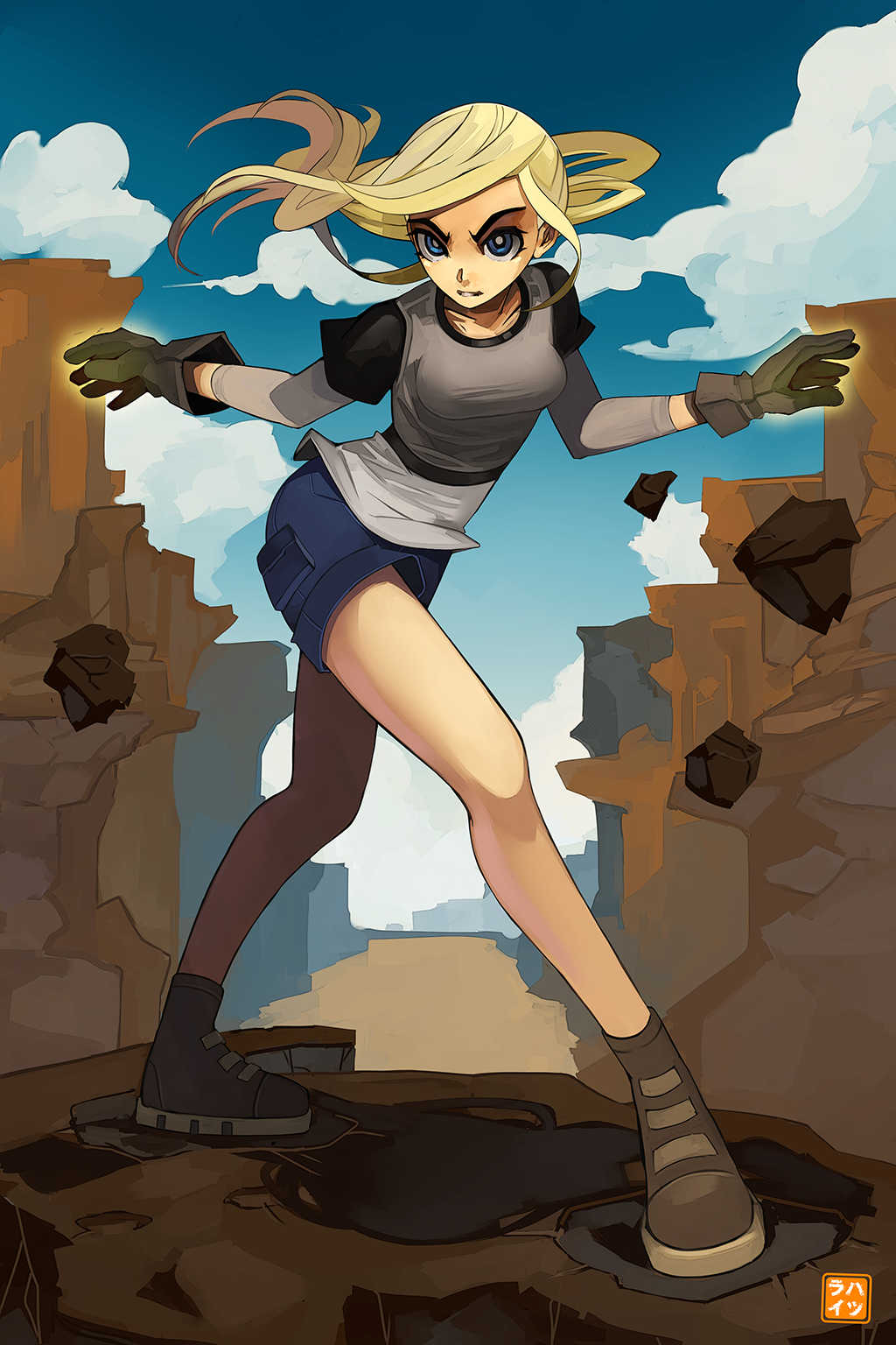 1girl, bangs, black_shirt, blonde_hair, blue_eyes, boots, breasts, brown_boots