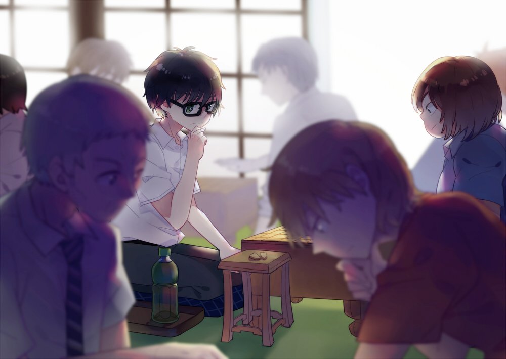 6+boys, black-framed_eyewear, black_hair, blurry, blurry_background, board_game, bottle, brown_hair, eye_contact, glasses, green_eyes, hand_on_own_chin, indoors, kiriyama_rei, kneeling, light_brown_hair, looking_at_another, luo., male_focus, multiple_boys, necktie, nikaidou_harunobu, sangatsu_no_lion, shirt, shougi, sitting, smile, striped, striped_necktie, thinking, water_bottle, white_shirt