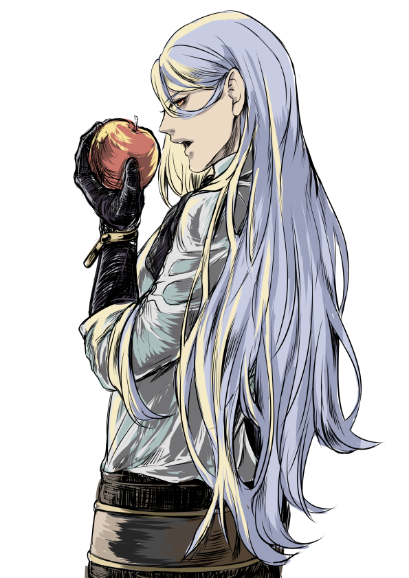 1boy, adam_(nier_automata), bangs, eyelashes, food, fruit, gloves, holding