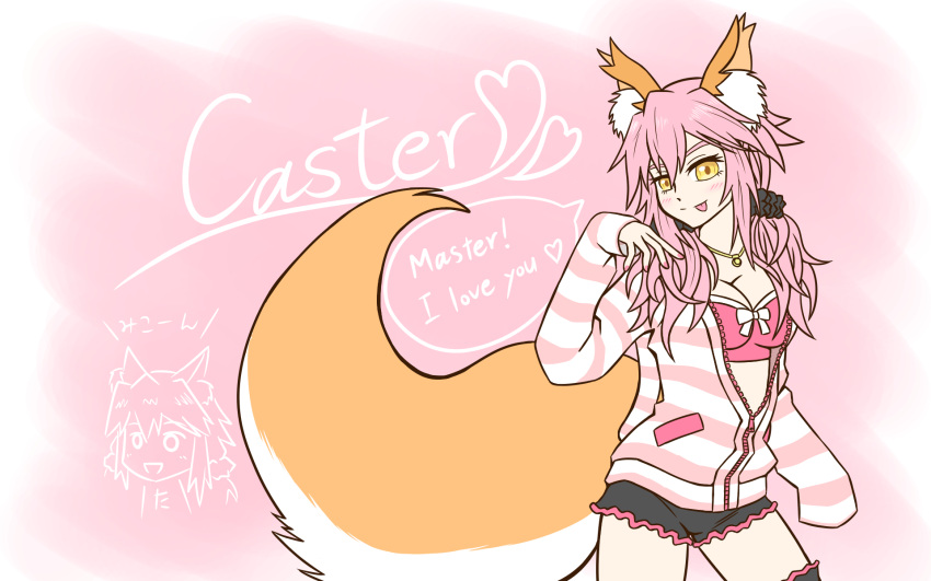 1girl, animal_ears, aoi_maguro, black_legwear, bra, breasts, character_name, fate/extella, fate/extra, fate_(series), fox_ears, fox_tail, heart, highres, large_breasts, looking_at_viewer, nail_polish, open_clothes, open_shirt, pink_bra, pink_hair, shirt, solo, speech_bubble, tail, tamamo_(fate)_(all), tamamo_no_mae_(fate), thigh-highs, tongue, tongue_out, translation_request, underwear, yellow_eyes