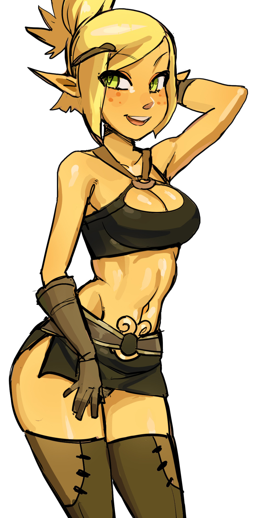 1girl, bangs, belt, belt_buckle, blonde_hair, breasts, brown_gloves, buckle
