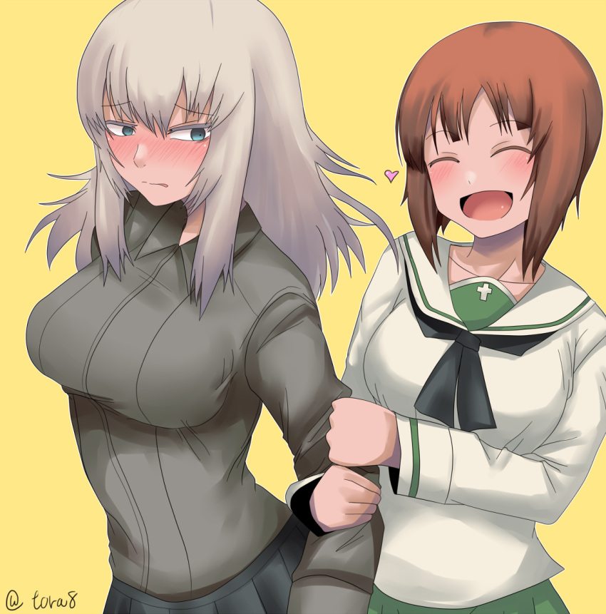 2girls, blue_eyes, blush, breasts, brown_hair, closed_eyes, dateya_torahachi, girls_und_panzer