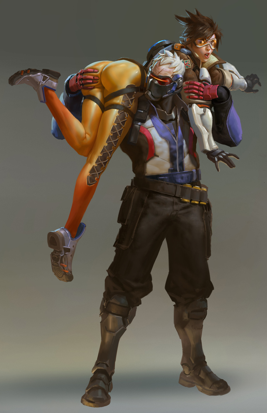 1boy, 1girl, ammunition_belt, armor, armored_boots, ass, ass_grab, bangs