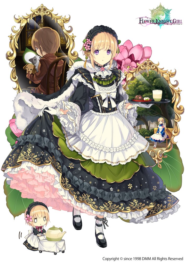 3girls, androgynous, bench, bergenia_(flower_knight_girl), black_hairband, black_shoes, blonde_hair, bobby_socks, bow, brown_hair, brown_shirt, cape, cat, chibi, city_forest_online, copyright_name, dessert, dog, dress, dual_persona, eyebrows_visible_through_hair, flower, flower_knight_girl, food, frilled_hairband, frills, full_body, gloves, hair_flower, hair_ornament, hairband, hood, hoodie, kettle, layered_dress, looking_at_viewer, mary_janes, mirror, multiple_girls, object_namesake, official_art, red_bow, serving_cart, shirt, shoes, short_hair, sitting, socks, standing, tray, violet_eyes, white_background, white_bow, white_gloves