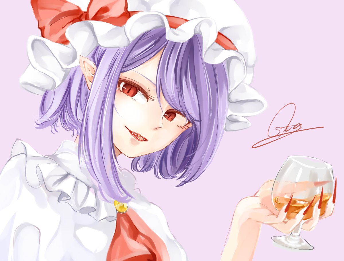 1girl, alcohol, bangs, bow, cravat, cup, cupping_glass, drinking_glass