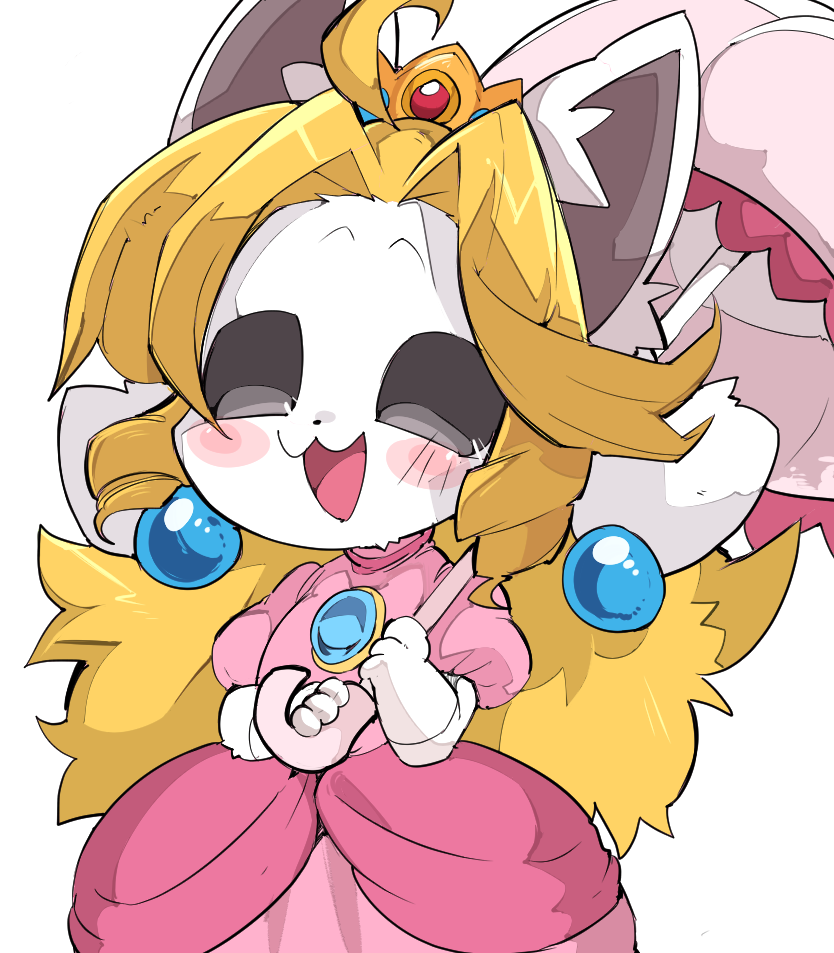9999gpera, :3, :d, ahoge, animal_ears, blonde_hair, blush, cosplay, crown, dress, earrings, gloves, jewelry, long_hair, super_mario_bros., open_mouth, pink_dress, princess_peach, princess_peach_(cosplay), smile, temmie, umbrella, undertale, white_background