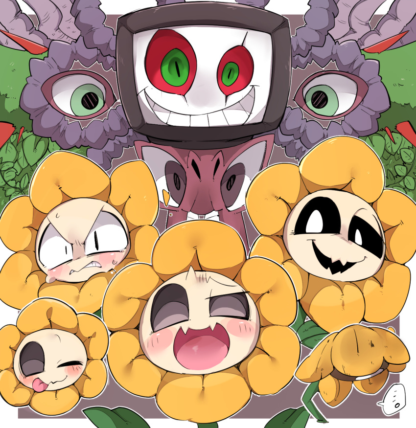 ..., 9999gpera, :d, black_sclera, blush, crazy_eyes, evil_smile, extra_eyes, fangs, flower, flowey_(undertale), highres, one_eye_closed, open_mouth, smile, spoilers, sweat, teeth, tongue, tongue_out, undertale