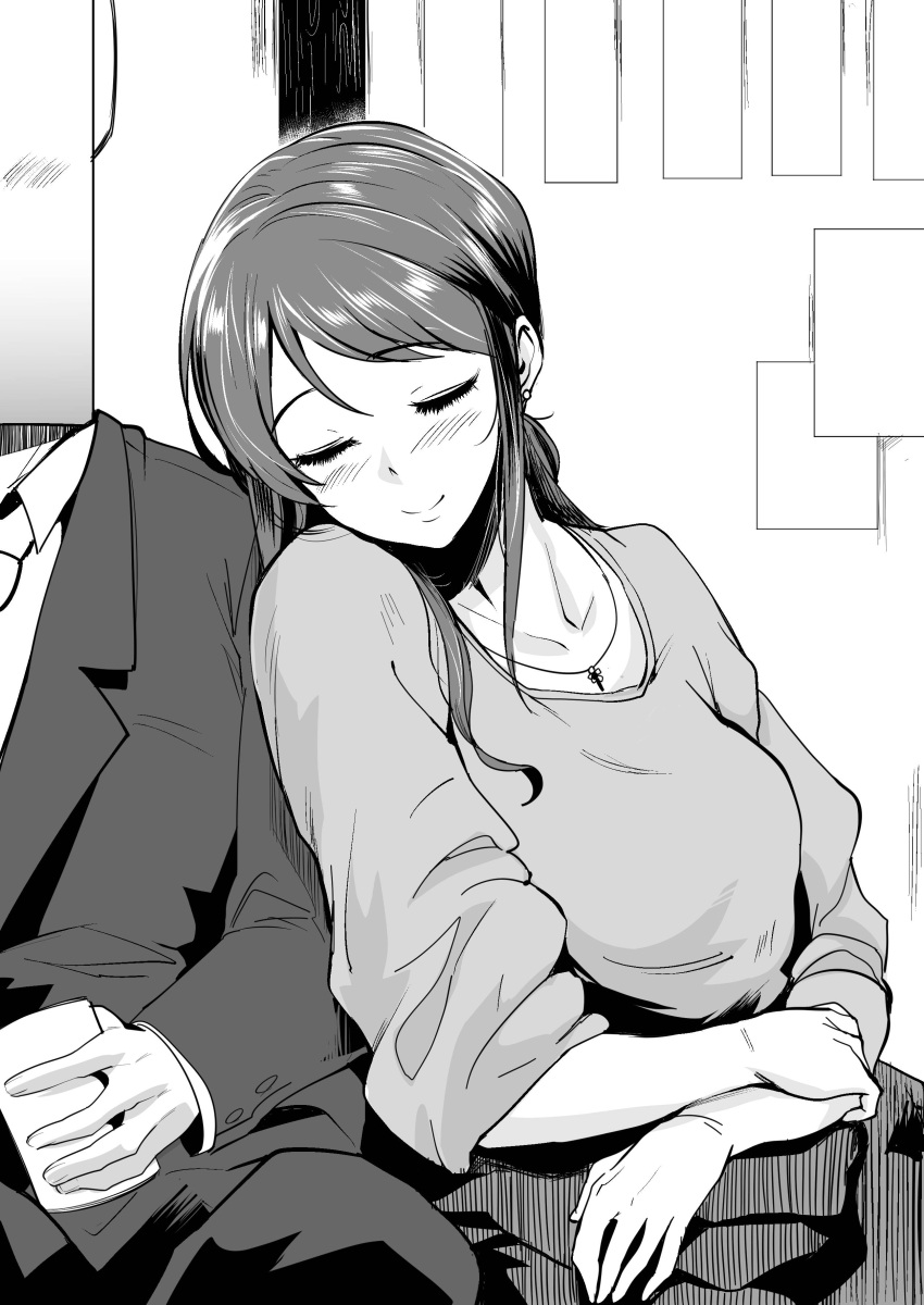 1boy, 1girl, absurdres, blush, closed_eyes, head_on_another's_shoulder, highres, idolmaster