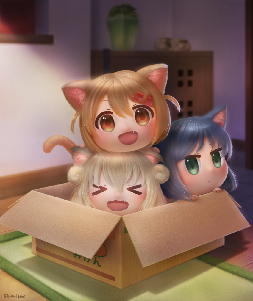 >_<, 3girls, :d, animal_ears, black_hair, blurry, box, brown_eyes