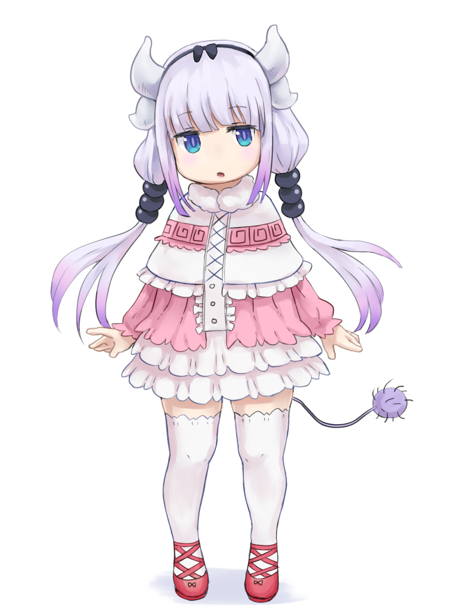 1girl, blue_eyes, capelet, dragon_girl, dragon_horns, dragon_tail, hair_bobbles, hair_ornament