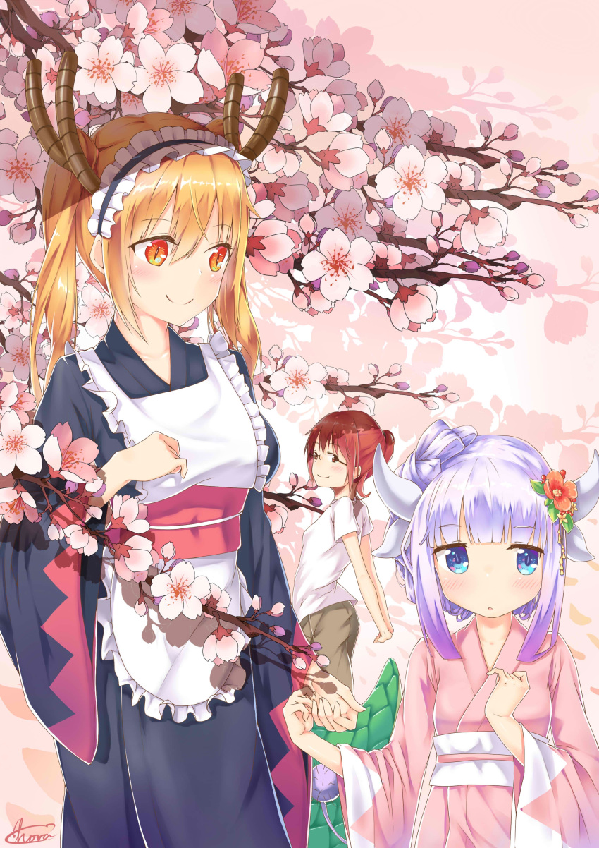 absurdres, alternate_hairstyle, blonde_hair, blue_eyes, brown_eyes, cherry_blossoms, cyta_celest, dragon_girl, dragon_horns, dragon_tail, glasses, hair_ornament, highres, horns, japanese_clothes, kanna_kamui, kimono, kobayashi-san_chi_no_maidragon, kobayashi_(maidragon), lavender_hair, long_hair, maid_headdress, obi, orange_eyes, ponytail, redhead, sash, slit_pupils, smile, tail, tooru_(maidragon), twintails, wa_maid, yukata