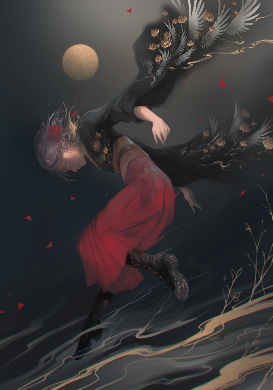 1girl, black_boots, boots, flower, gradient_hair, hair_flower, hair_ornament, highres