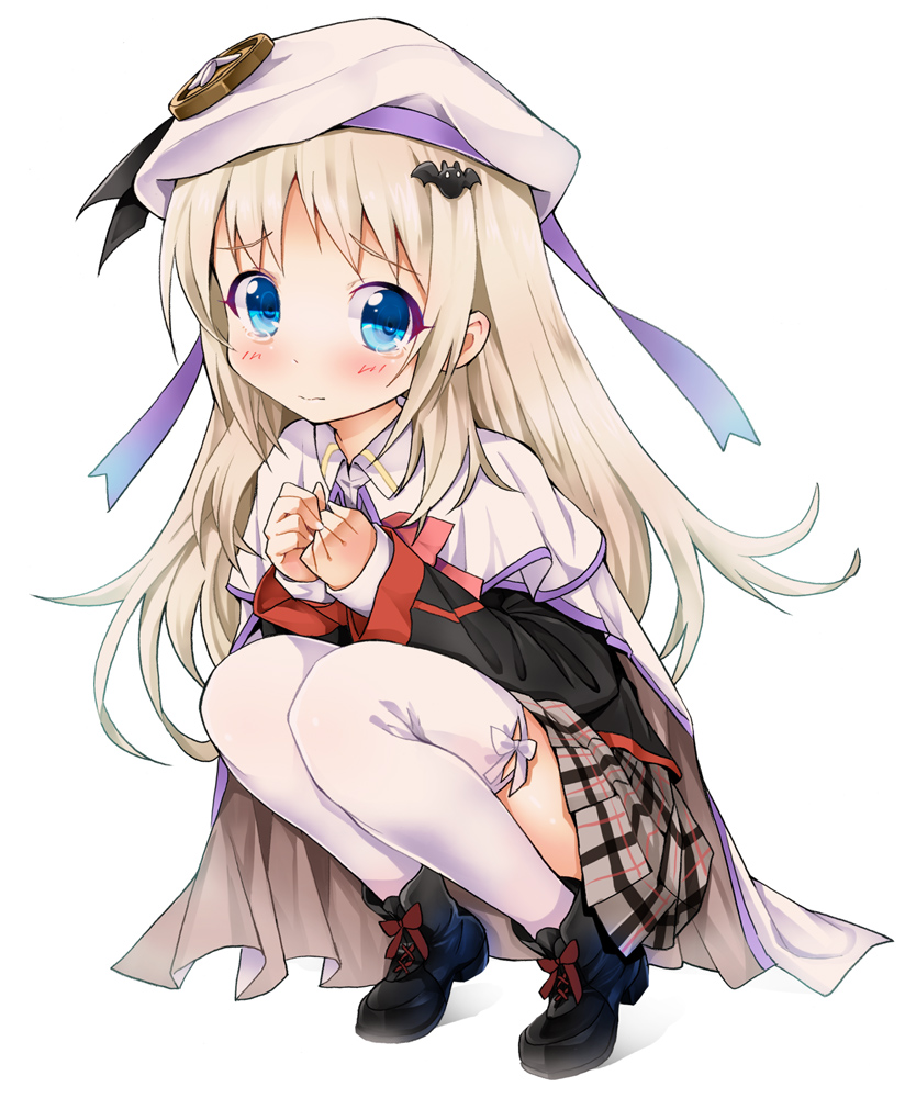 1girl, bat_hair_ornament, beret, black_boots, blonde_hair, blue_eyes, boots, bow