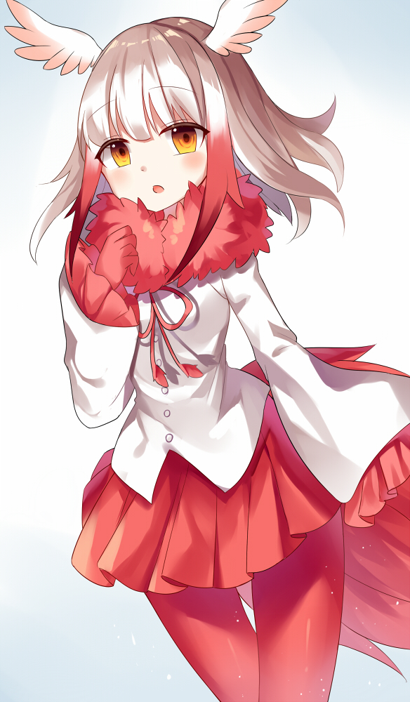 1girl, brown_eyes, crested_ibis_(kemono_friends), fur_collar, gloves, gradient_hair, head_wings, kemono_friends