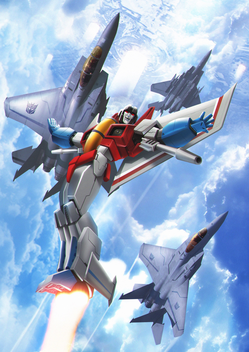 absurdres, aircraft, airplane, arm_cannon, clouds, cybertron, decepticon, f-15