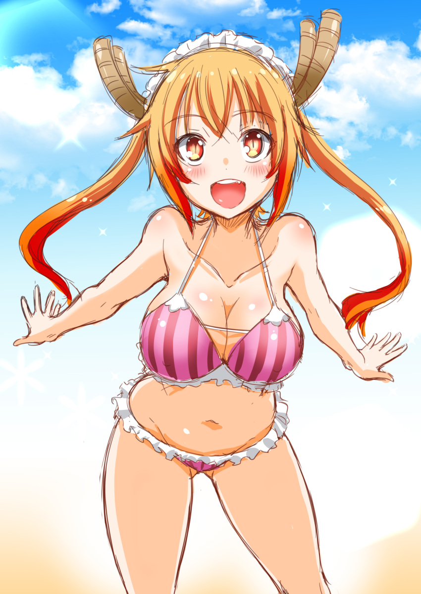 1girl, :d, bare_shoulders, bikini, blush, body_blush, breasts, cleavage, clouds, collarbone, dragon_girl, dragon_horns, fang, frilled_bikini, frills, gluteal_fold, highres, horns, kobayashi-san_chi_no_maidragon, large_breasts, long_hair, maid_headdress, nekoi_hikaru, open_mouth, orange_hair, pink_bikini, red_eyes, shiny, shiny_skin, sky, slit_pupils, smile, solo, sparkle, striped, striped_bikini, swimsuit, tooru_(maidragon), twintails