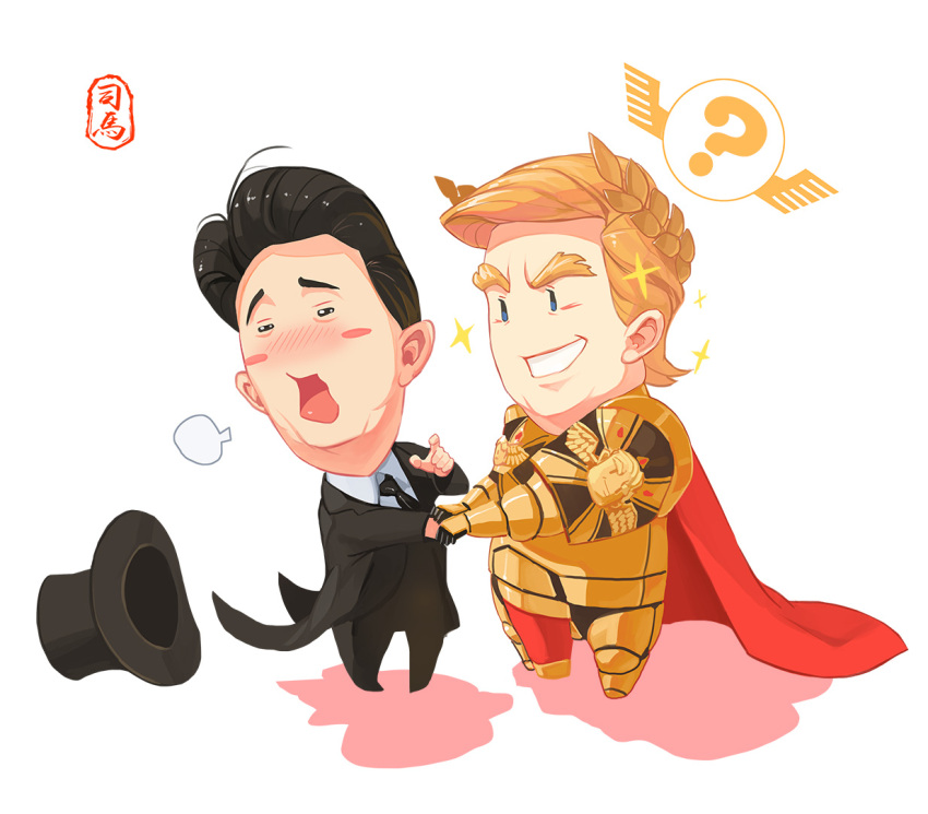 2boys, ?, abe_shinzou, armor, black_hair, blonde_hair, blush, cape