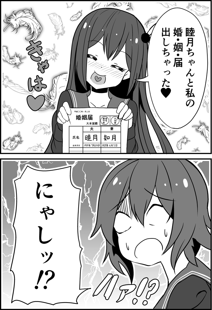 2girls, 2koma, ^_^, blush, closed_eyes, comic, greyscale, hair_ornament